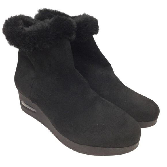 DKNY Faux Fur Trim Textile Upper Almond Toe Side Zip Black Wedge Ankle Bootie 11 - Picture 1 of 13